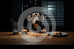 Mature dog eagerly eating kibble in a dining area at night. Generative AI