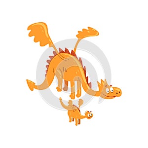 Mature dragon with wings and small baby dragon, mother and her child, cute dragons family cartoon characters vector