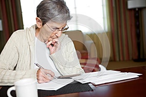 Mature elderly woman paying the bills.