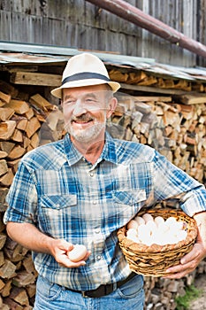 Mature farmer wearing hat while carrying fresh eggs in basket at barn