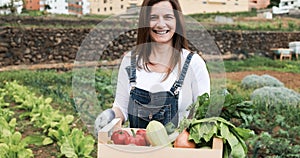 Mature farmer woman holding wood box with fresh organic vegetables - Focus on face