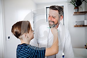 Mature father with small son in the bathroom in the morning, combing.