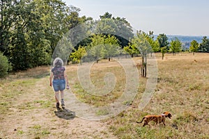 Mature female hiker in casual clothing walking with her dachshund on a trail surrounded by brown green grass