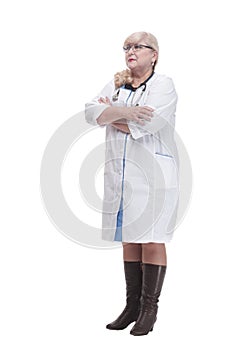 Mature female paramedic with a stethoscope . isolated on a white