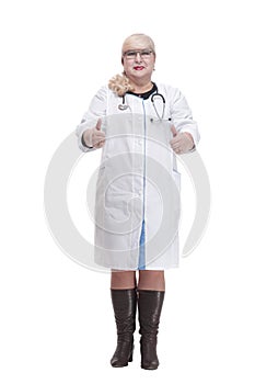 Mature female paramedic with a stethoscope . isolated on a white