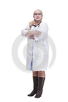 Mature female paramedic with a stethoscope . isolated on a white