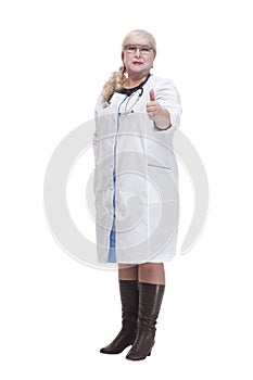 Mature female paramedic with a stethoscope . isolated on a white