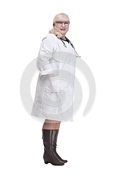 Mature female paramedic with a stethoscope . isolated on a white