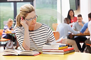 Mature Female Student Studying In Classroom With Books