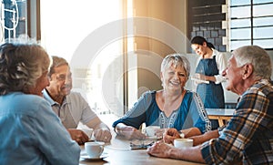 Mature, friends and group relax at coffee shop on holiday or morning tea on vacation in retirement. Senior, people and