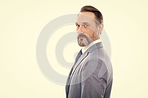 mature grizzled man lawyer in businesslike suit isolated on white copy space, business success