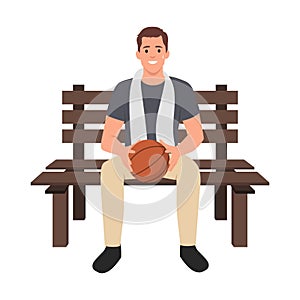 Mature heavyset basketball player sitting on bench with towel around his neck