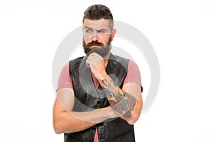 Mature hipster with beard. Bearded man. Hair and beard care. Facial care. Young and brutal. Male barber care. thoughtful
