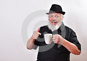 Mature hipster gets a caffeine jolt