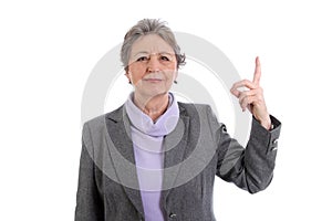 Mature lady with raised finger up - elder woman isolated on whit