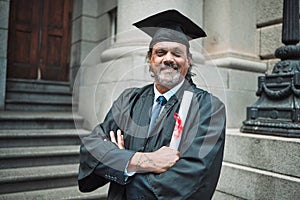 Mature lawyer man, graduation portrait and smile in street, city or court with pride, diploma and arms crossed. Senior