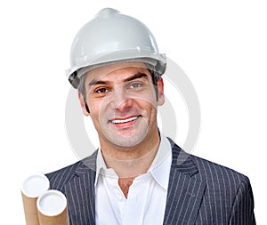 Mature male architect wearing a hardhat