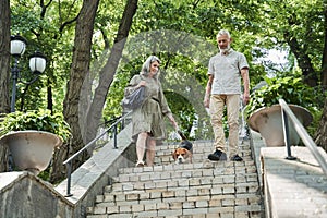 Mature male and female walking down the stairs with their dog