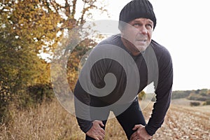 Mature Male Runner Pausing For Breath During Exercise In Woods