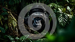 A mature male silverback gorilla, portrait of lush jungle African. Generative AI