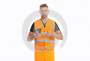 mature man builder on coffee break show thumb up isolated on white.