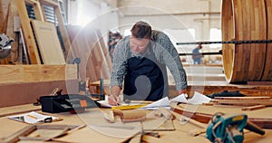 Mature man, carpenter and writing at workshop for furniture and measurement. Handyman, carpentry and tools for repair on