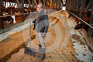 Mature Man Cleaning Livestock Shed at Farm