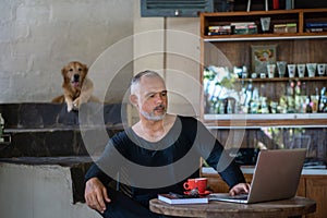 Mature man freelancer working with laptop and phone holding red cup of coffee and brown dog on background