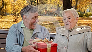 Mature man gives gift to beloved wife on birthday elderly woman happily laughs positive married couple celebrating