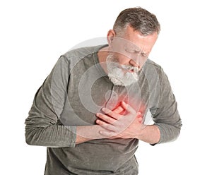 Mature man having heart attack on white