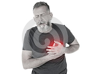 Mature man having heart attack on white background