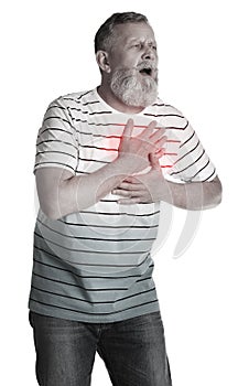 Mature man having heart attack on white background