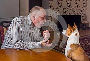 Mature man having nervous conversation with basenji dog sitting at the table