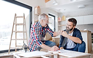 A mature man with his senior father assembling furniture, a new home concept.