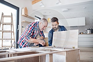 A mature man with his senior father assembling furniture, a new home concept.