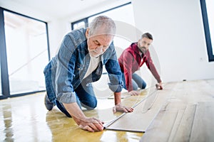 A mature man with his senior father laying vinyl flooring, a new home concept.