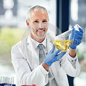 Mature man, liquid or portrait of scientist in lab for science innovation, vaccine or antiaging medicine. Life extension