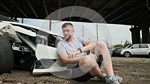 Mature man making a phone call after a car accident, damage white car in the background. Wide view