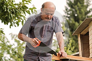 Mature man with mustache holding a saw in hand. Sawing logs, harvesting firewood