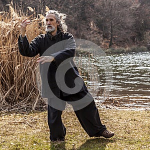 Mature man practicing Tai Chi discipline outdoors