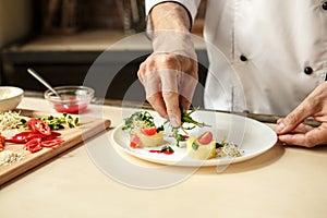 Mature man professional chef cooking meal indoors