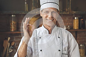 Mature man professional chef cooking meal indoors