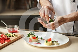 Mature man professional chef cooking meal indoors