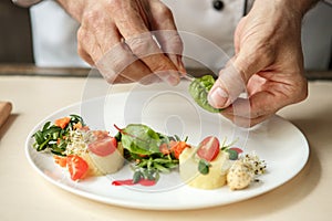 Mature man professional chef cooking meal indoors