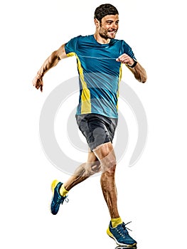 Mature man running runner jogging jogger isolated white background