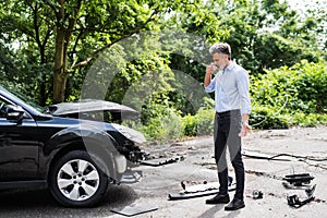 Mature man standing by the car, making a phone call after a car accident.