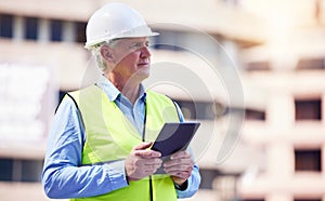 Mature, man and tablet with architect in city, construction inspection and digital blueprint for engineering. Urban