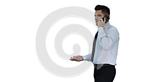 Mature Man Talking On Cell Phone Passing By on white background.