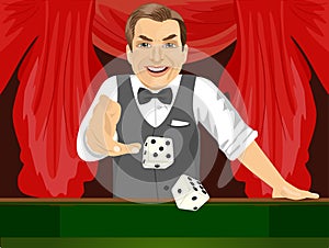 Mature man throwing dice in casino playing craps