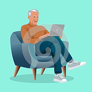 Mature man using laptop sitting on armchair in living room. Happy confident senior male adult resting at home working on pc.Flat